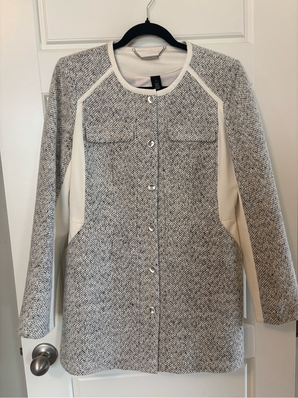 WHBM Women's Gray Tweed Button-Front Dress Jacket with Cream Trim